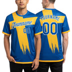 Custom Blue Yellow-White Sweden Dot Soccer Jersey Performance T-Shirt worn front and back