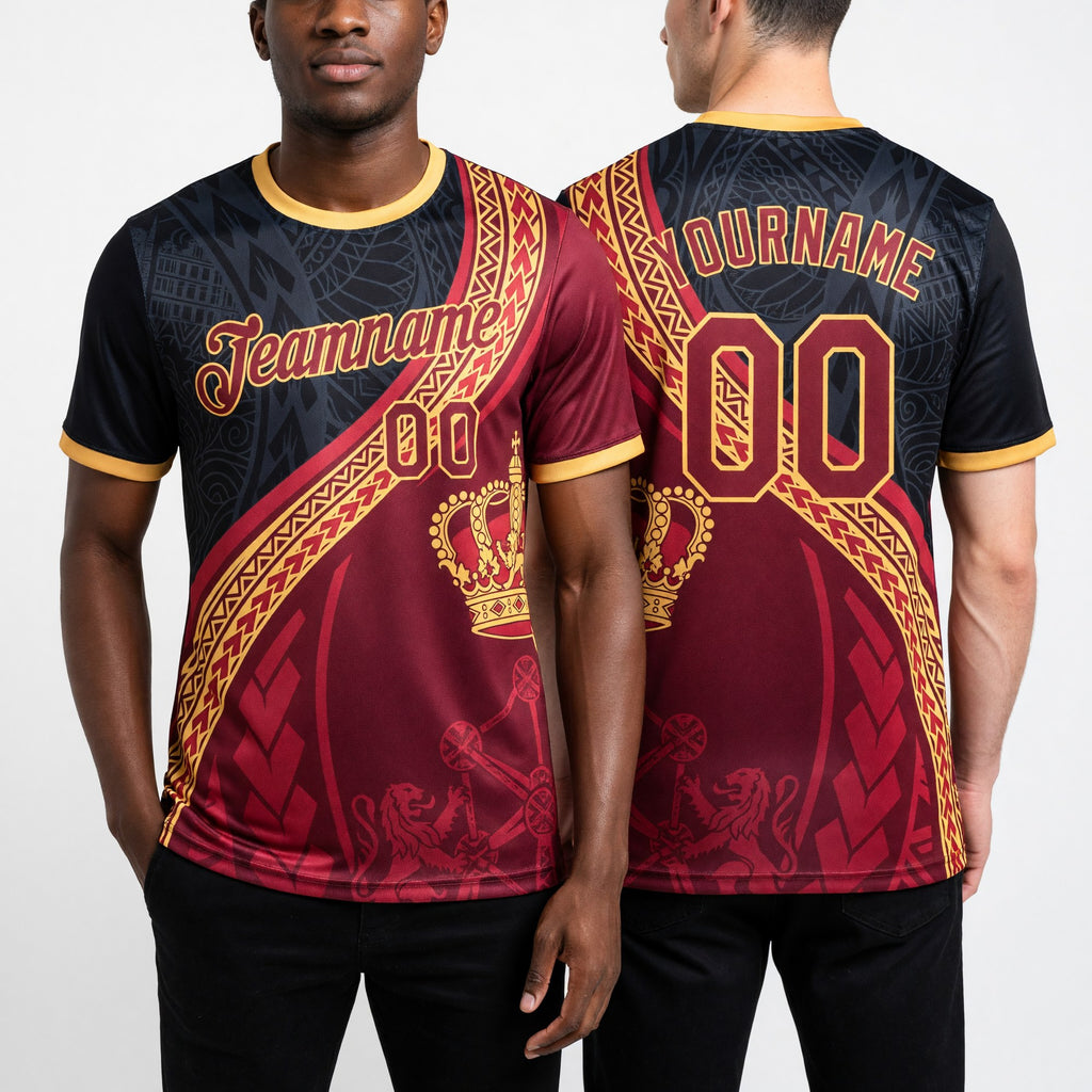 Custom Red Black-Yellow Belgium Soccer Jersey Performance T-Shirt worn front and back