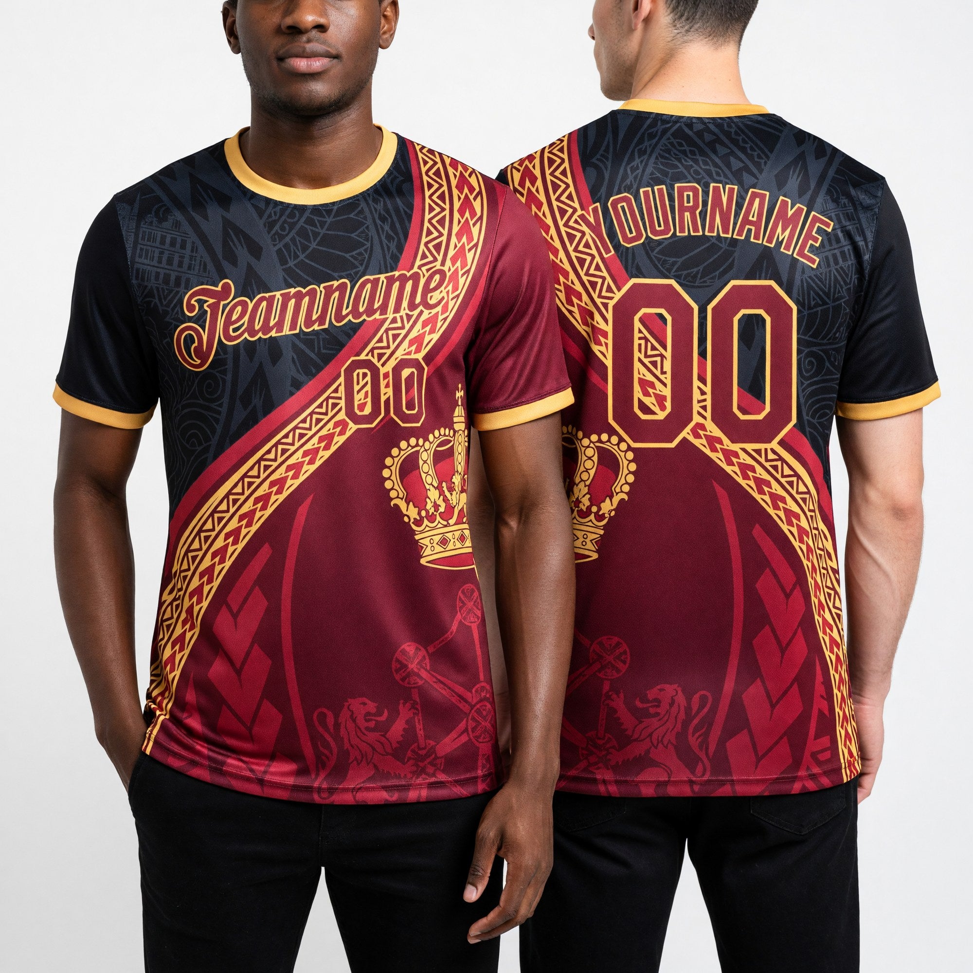 Custom Red Black-Yellow Belgium Soccer Jersey Performance T-Shirt worn front and back