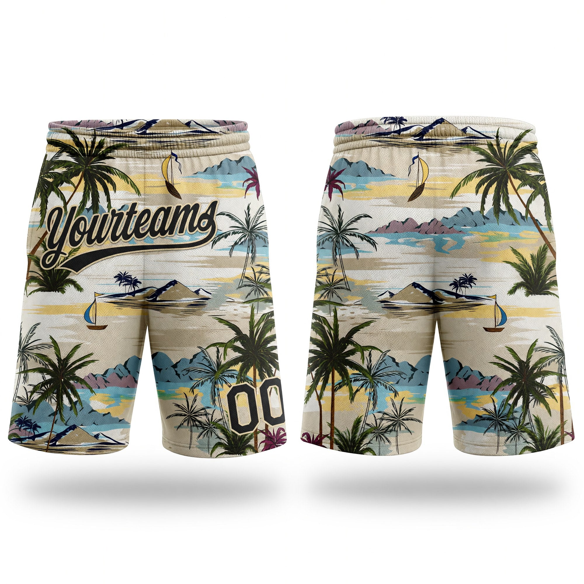 Custom Cream Black 3D Pattern Hawaii Palm Trees And Island Authentic Basketball Shorts