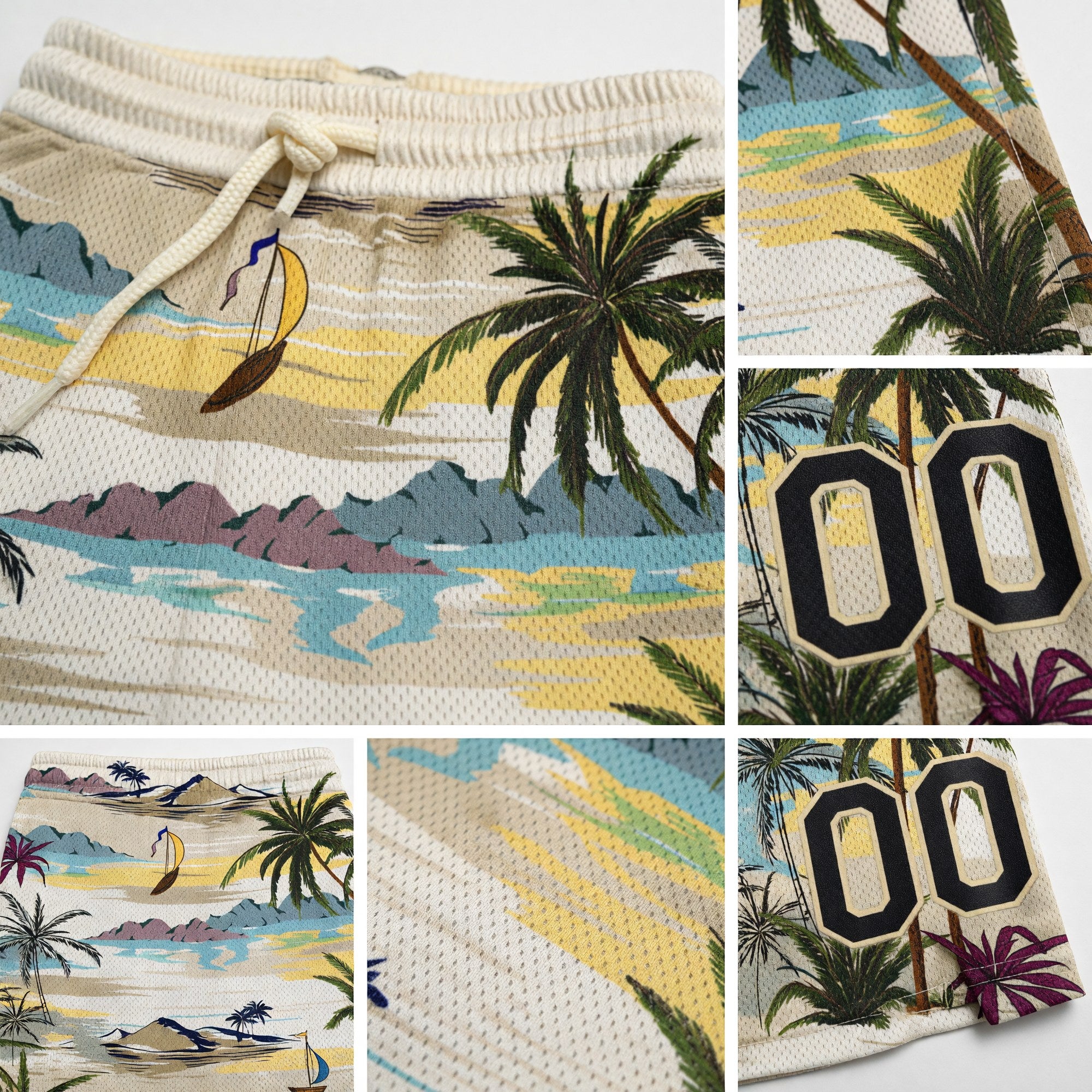 Custom Cream Black 3D Pattern Hawaii Palm Trees And Island Authentic Basketball Shorts detail