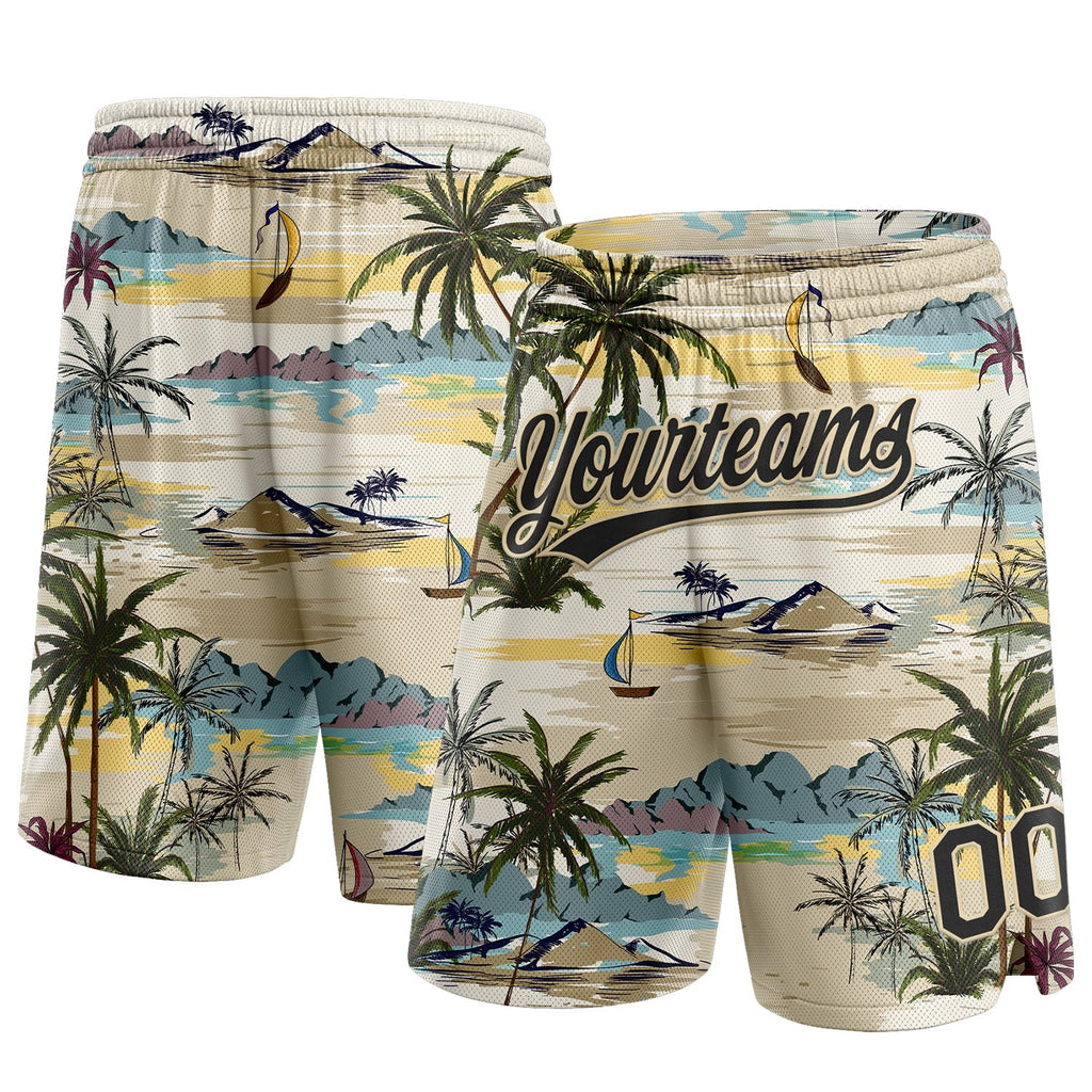 Custom Cream Black 3D Pattern Hawaii Palm Trees And Island Authentic Basketball Shorts photo 1