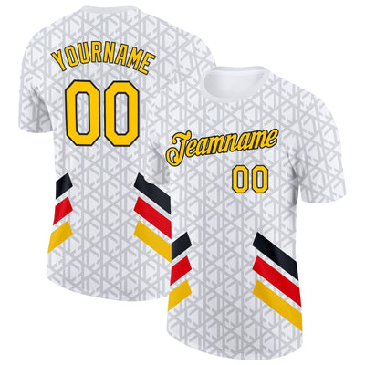 Custom White and Yellow and Red Germany Geometric Soccer T-Shirt with Gray and Black Lettering