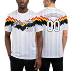 Custom White Red Yellow Black-Gray Germany Arrow Soccer Jersey Performance T-Shirt worn front and back