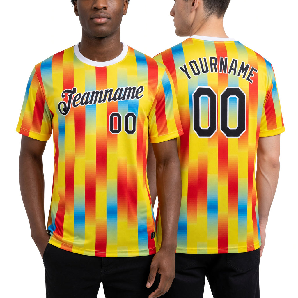 Custom Yellow Black Red Blue-White Ecuador Stripe Soccer Jersey Performance T-Shirt worn front and back