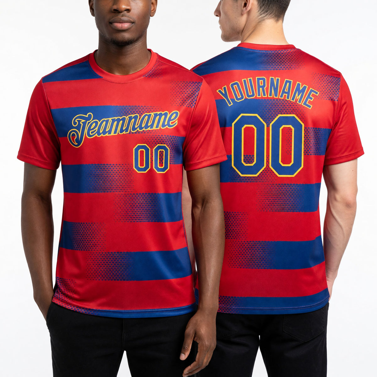 Custom Red Royal-Gold Haiti Dot Soccer Jersey Performance T-Shirt worn front and back