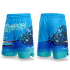 Custom Light Blue Lakes Blue-White 3D Pattern Hawaii Beach Island And Ship Authentic Basketball Shorts