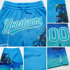 Custom Light Blue Lakes Blue-White 3D Pattern Hawaii Beach Island And Ship Authentic Basketball Shorts detail