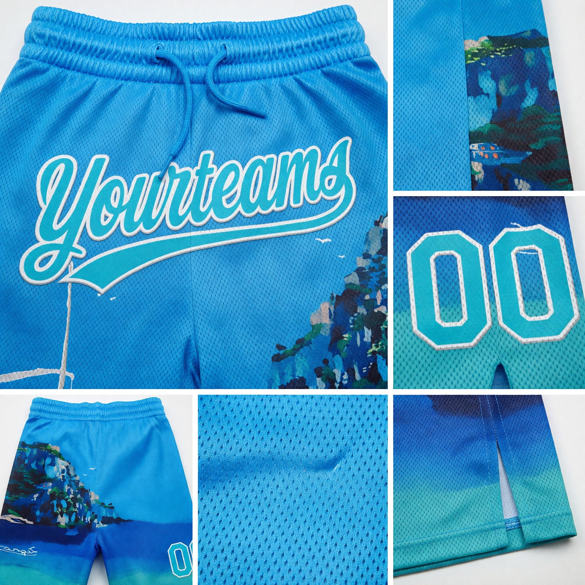 Custom Light Blue Lakes Blue-White 3D Pattern Hawaii Beach Island And Ship Authentic Basketball Shorts detail