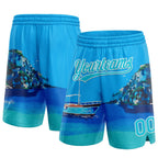 Custom Light Blue Lakes Blue-White 3D Pattern Hawaii Beach Island And Ship Authentic Basketball Shorts photo 1