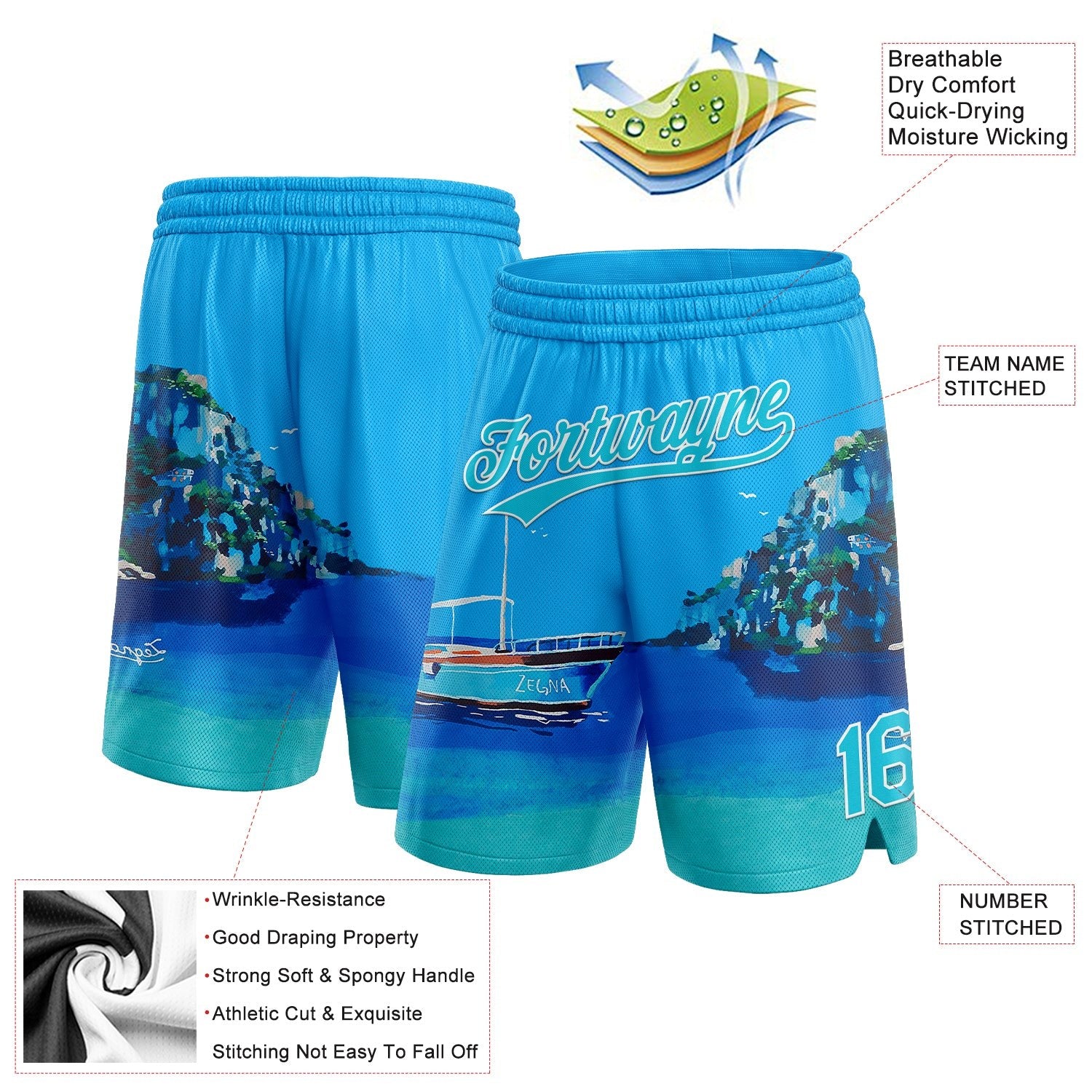 Custom Light Blue Lakes Blue-White 3D Pattern Hawaii Beach Island And Ship Authentic Basketball Shorts photo 2