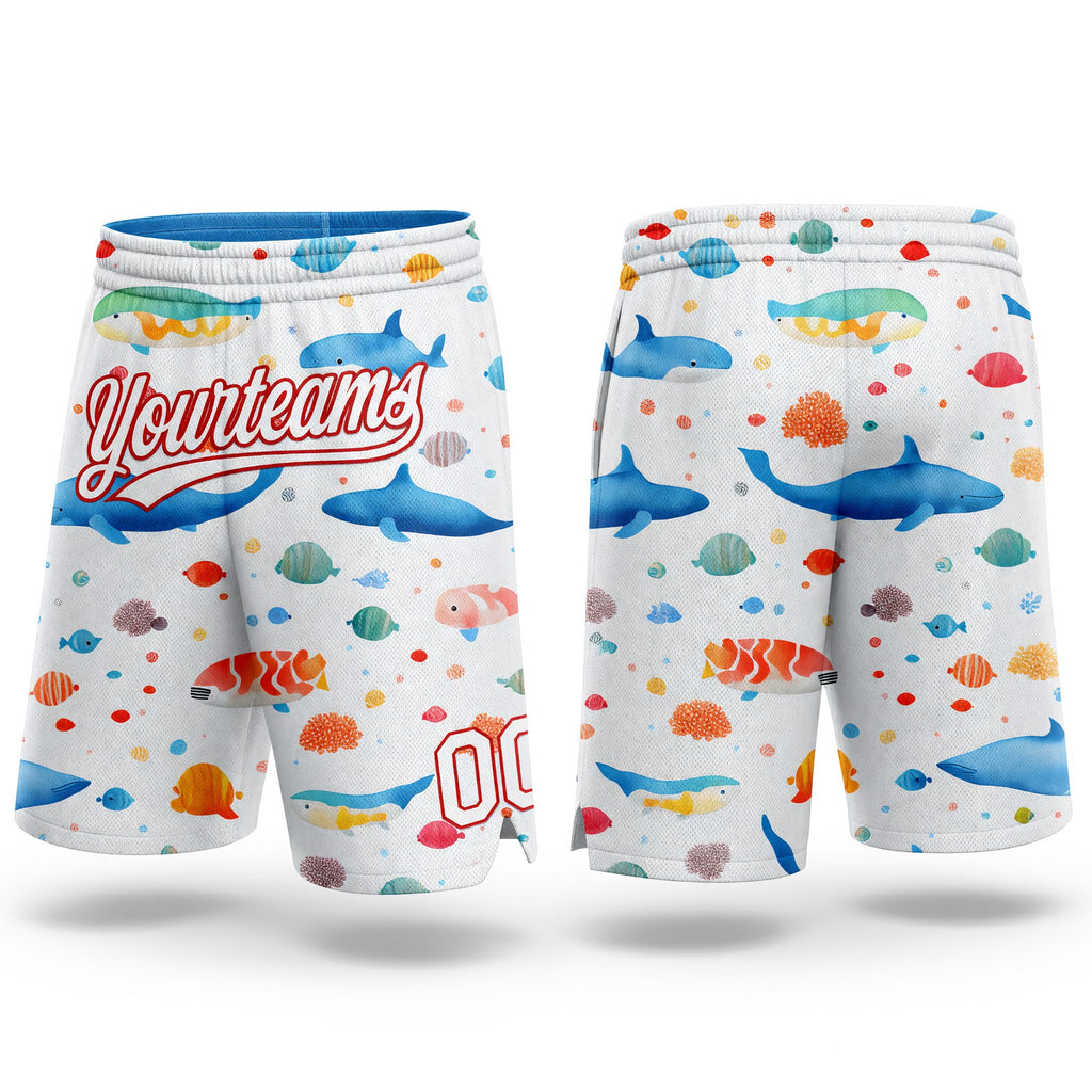 Custom White Red 3D Pattern Whale And Fish Authentic Basketball Shorts