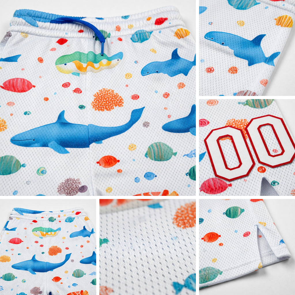 Custom White Red 3D Pattern Whale And Fish Authentic Basketball Shorts detail