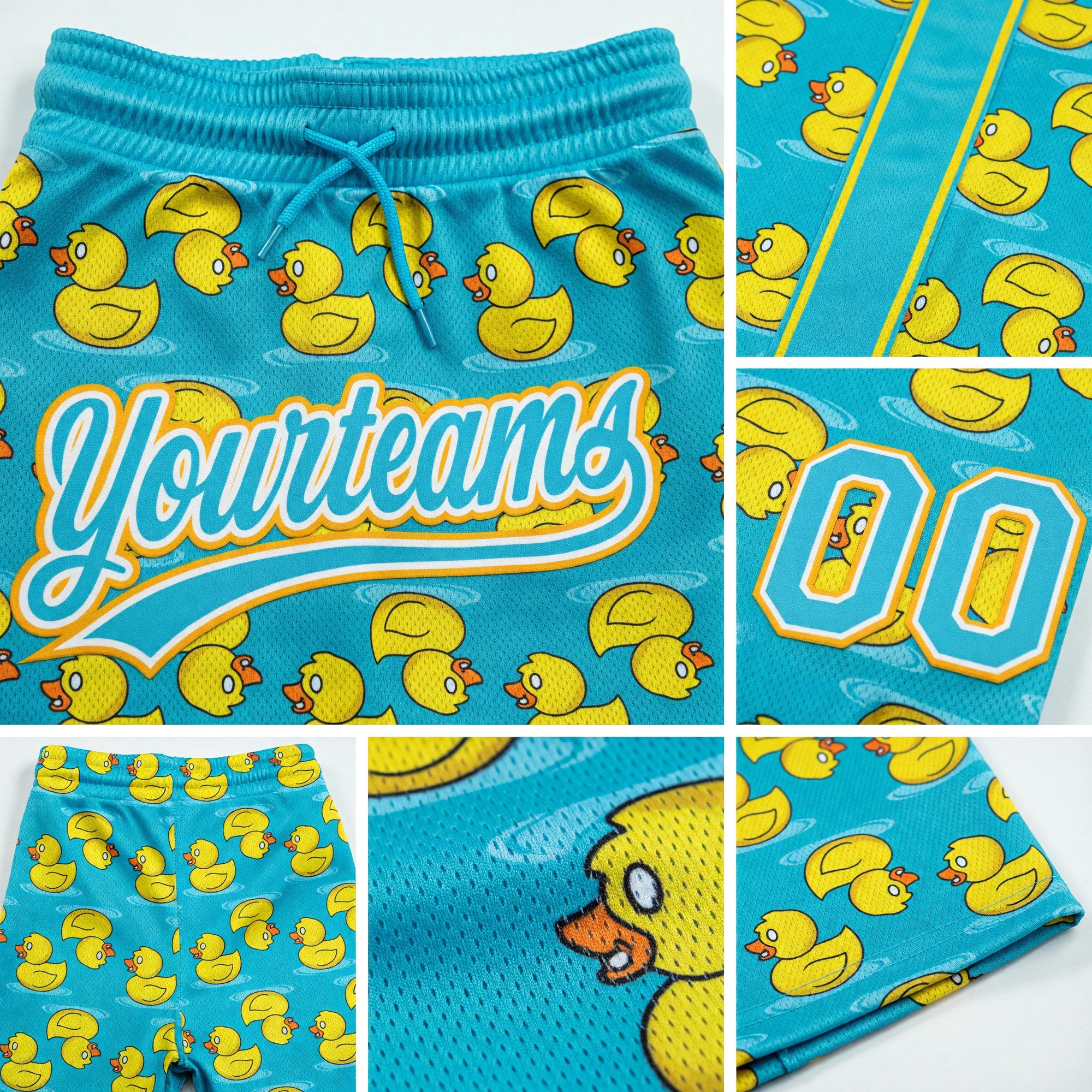 Custom Lakes Blue Yellow-White 3D Pattern Duck Authentic Basketball Shorts detail