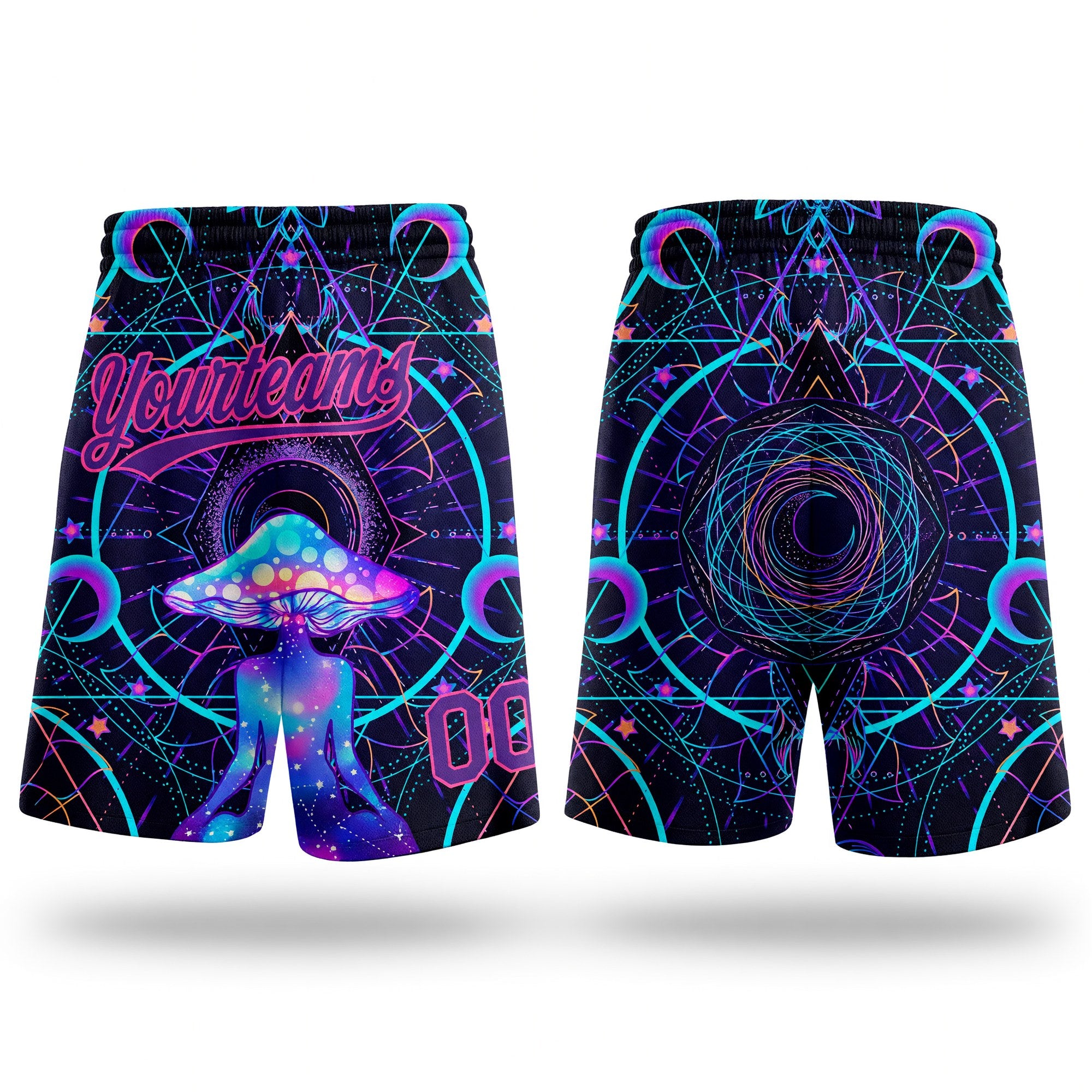 Custom Black Purple-Pink 3D Pattern Magic Mushrooms Over Sacred Geometry Psychedelic Hallucination Authentic Basketball Shorts