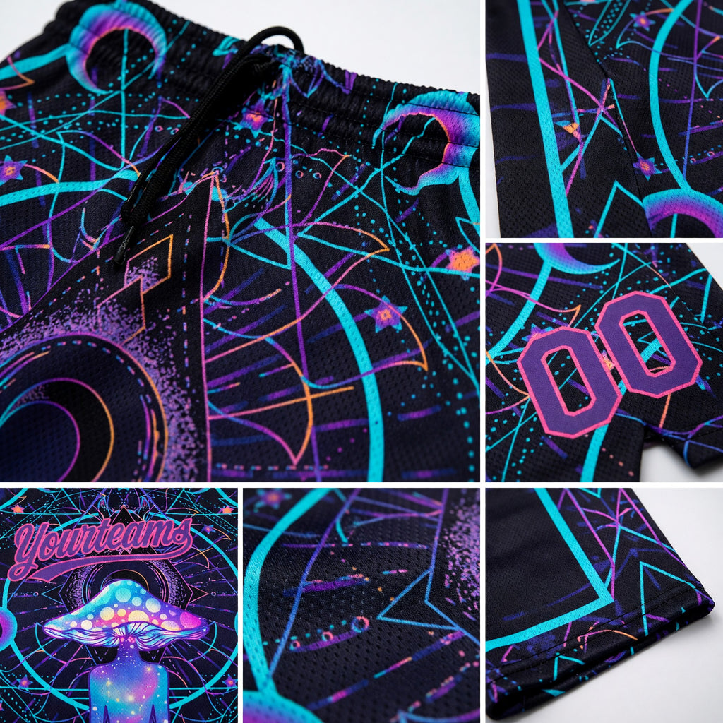 Custom Black Purple-Pink 3D Pattern Magic Mushrooms Over Sacred Geometry Psychedelic Hallucination Authentic Basketball Shorts detail