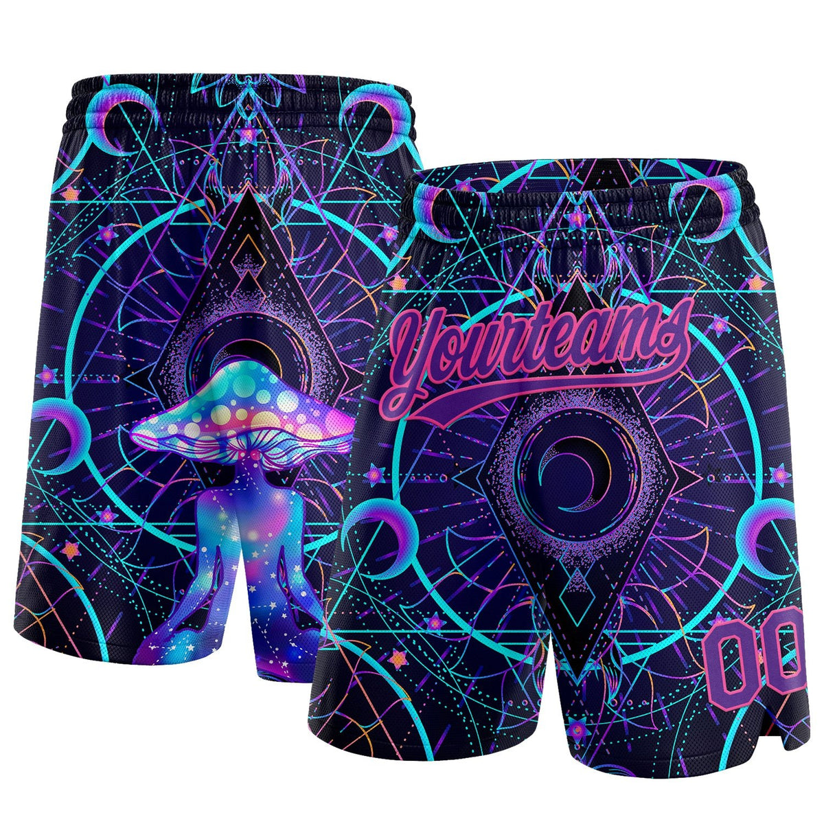 Custom Black Purple-Pink 3D Pattern Magic Mushrooms Over Sacred Geometry Psychedelic Hallucination Authentic Basketball Shorts photo 1