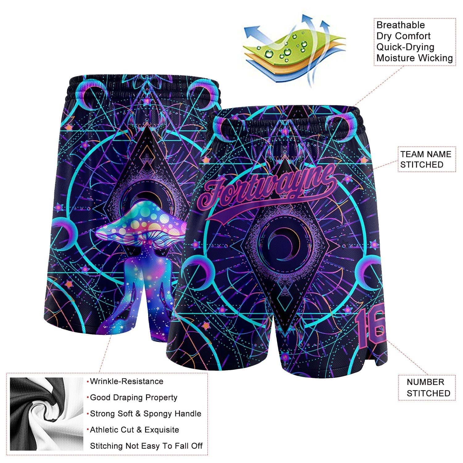 Custom Black Purple-Pink 3D Pattern Magic Mushrooms Over Sacred Geometry Psychedelic Hallucination Authentic Basketball Shorts photo 2