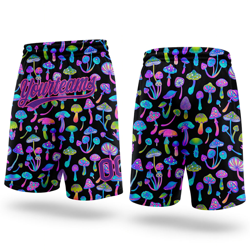 Custom Black Purple-Pink 3D Pattern Magic Mushrooms Psychedelic Hallucination Authentic Basketball Shorts