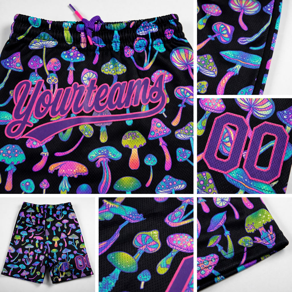Custom Black Purple-Pink 3D Pattern Magic Mushrooms Psychedelic Hallucination Authentic Basketball Shorts detail