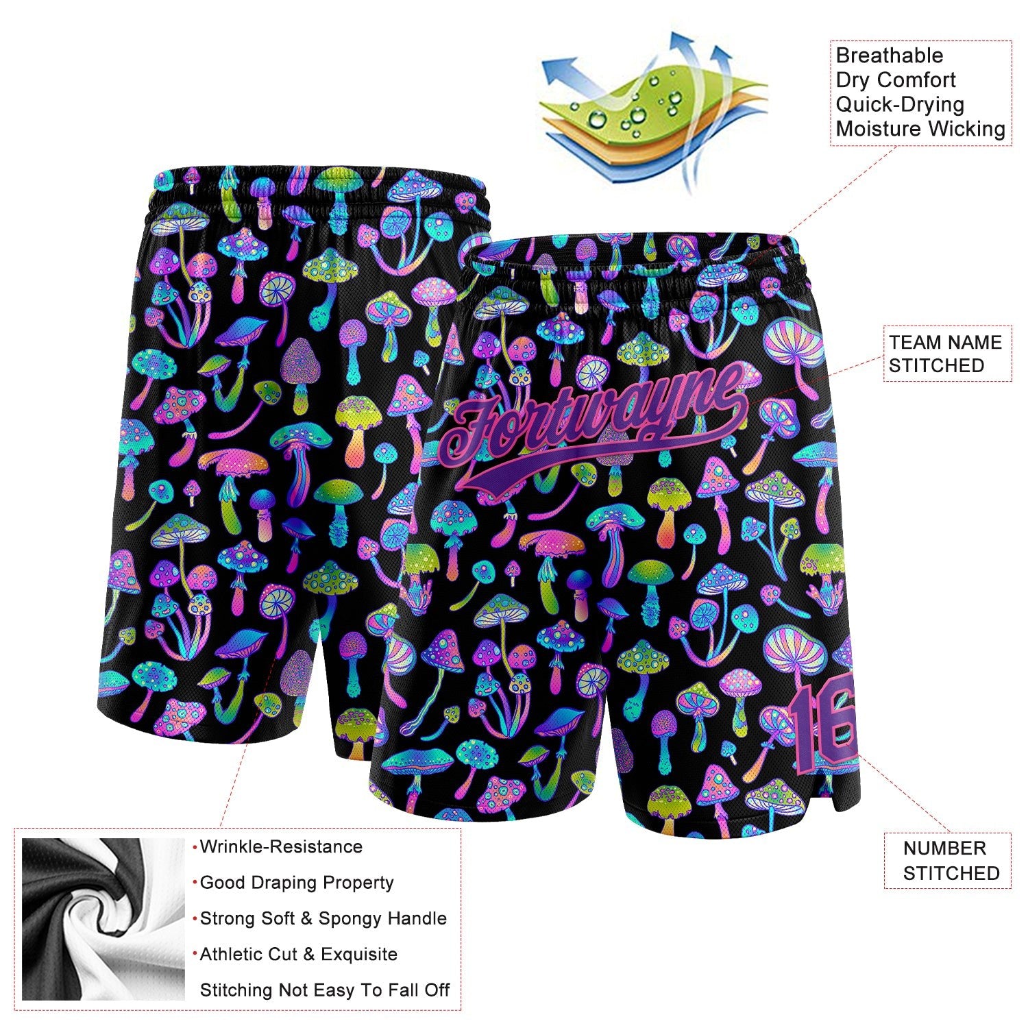 Custom Black Purple-Pink 3D Pattern Magic Mushrooms Psychedelic Hallucination Authentic Basketball Shorts photo 2