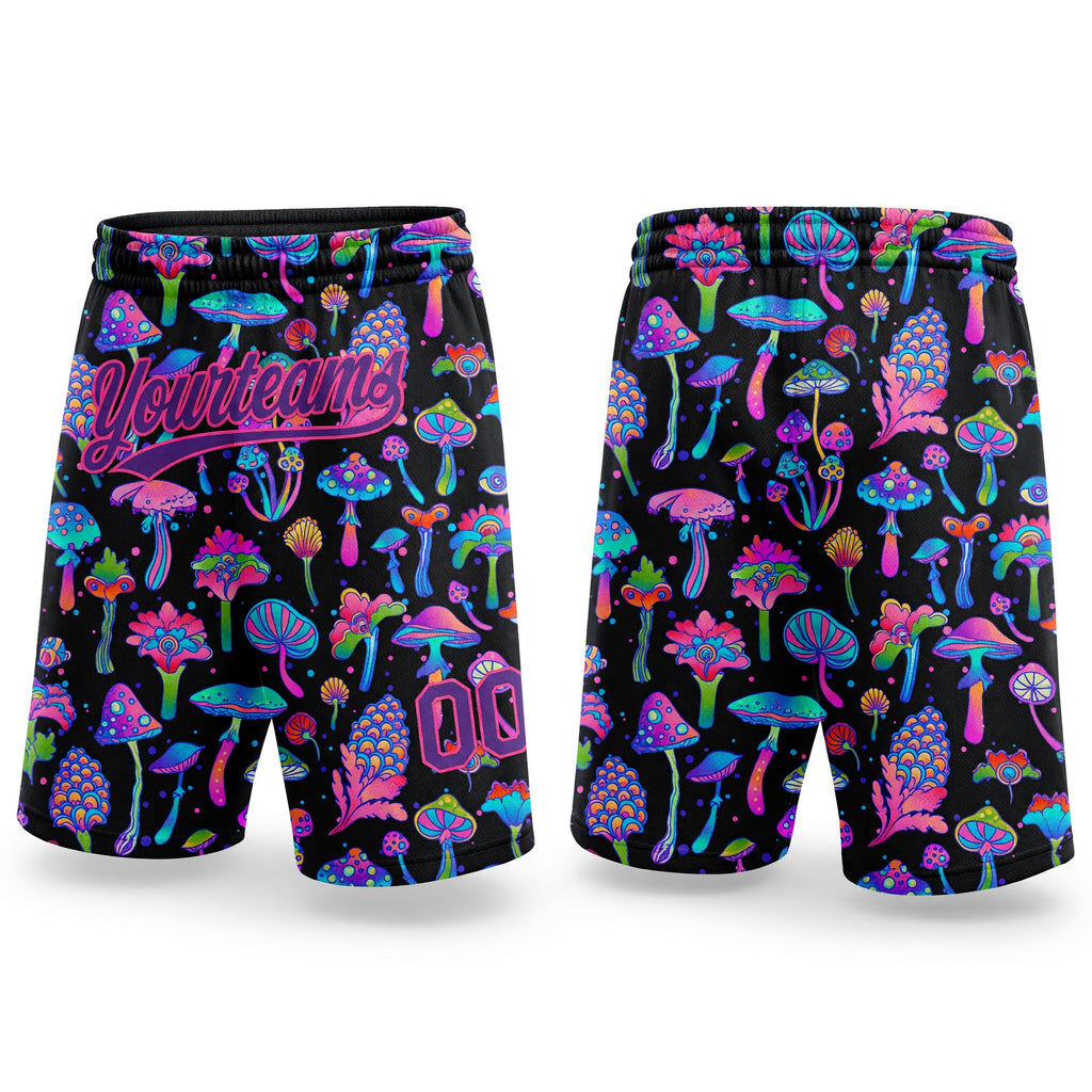 Custom Black Purple-Pink 3D Pattern Colorful Flowers And Mushrooms Psychedelic Hallucination Authentic Basketball Shorts