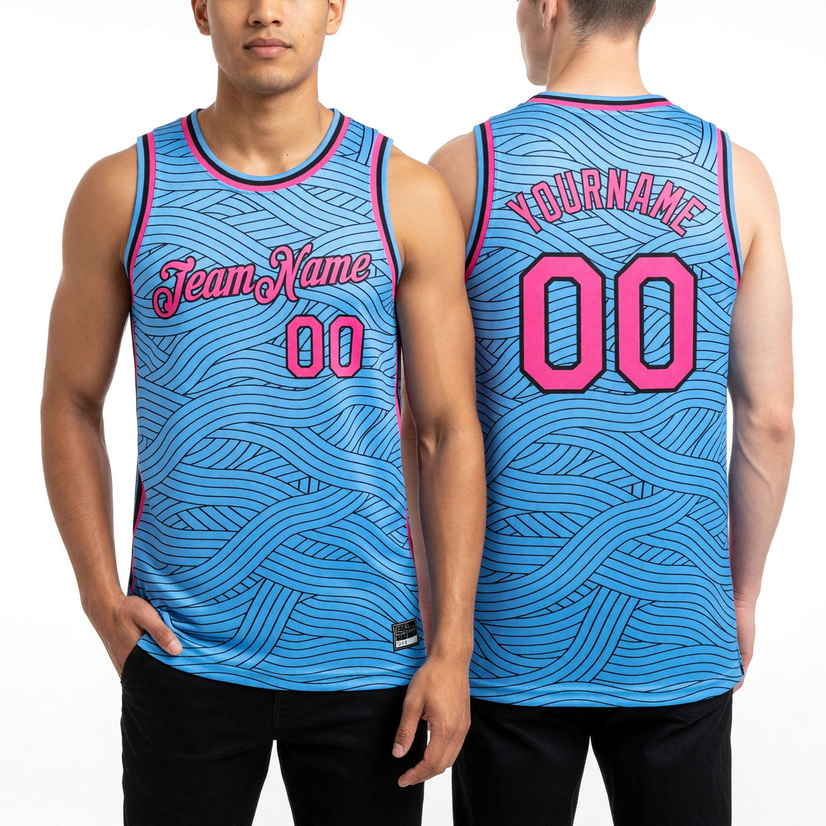 Custom Light Blue Pink-Black Authentic City Edition Basketball Jersey worn front and back