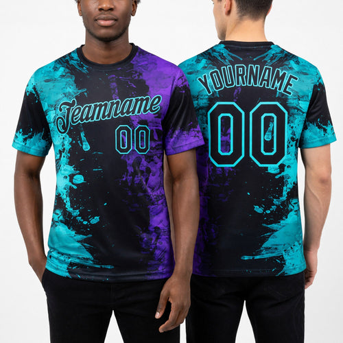 Custom Aqua Black-Purple Ink Splash Duotono Style Performance T-Shirt worn front and back
