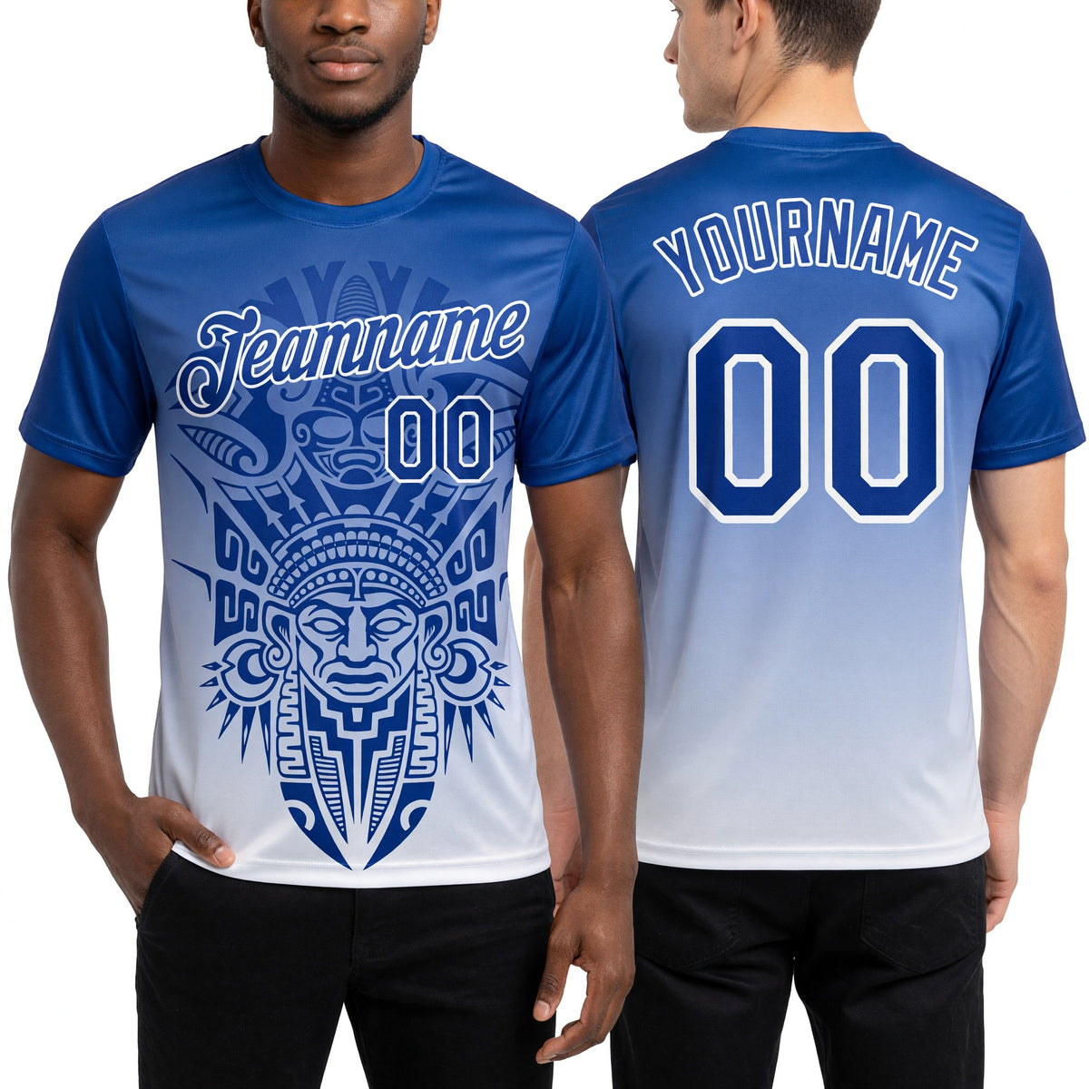 Custom Royal-White Azteca Degrade Effect Performance T-Shirt worn front and back