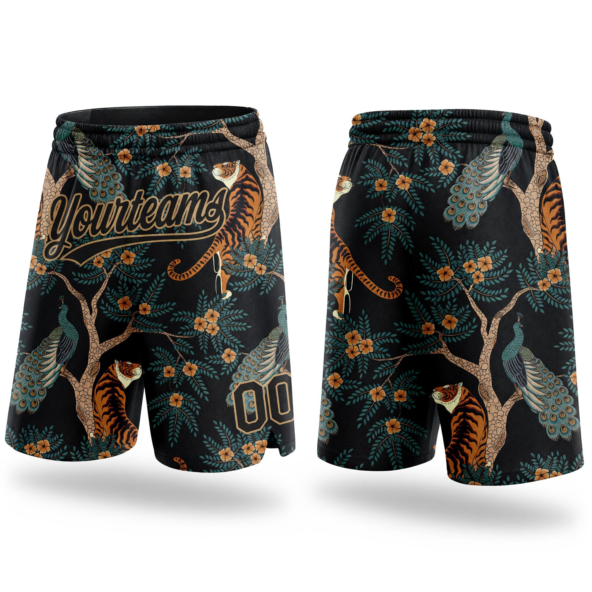 Custom Black Old Gold 3D Pattern 3D Pattern Design Tiger And Peacock Authentic Basketball Shorts