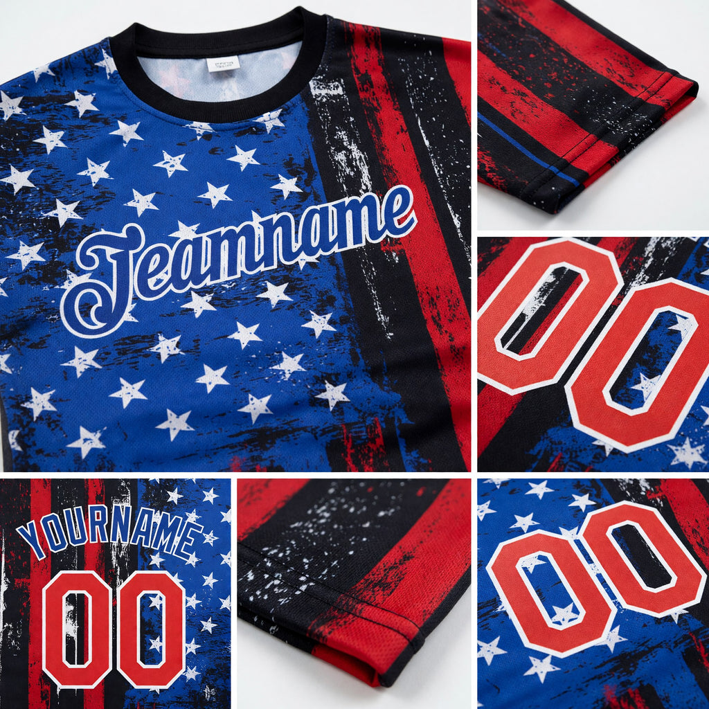 Custom Black Red-Royal 3D American Flag Fashion Performance T-Shirt detail