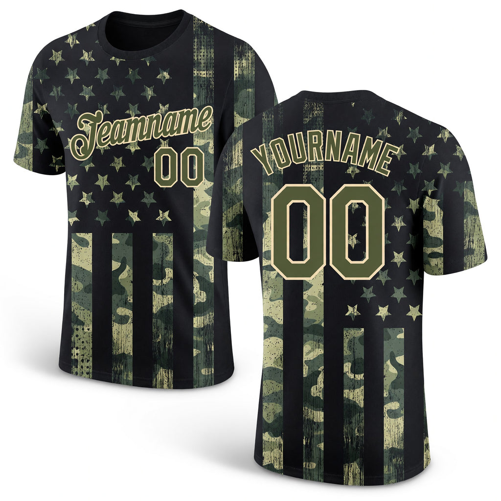 Custom Camo Olive-Cream 3D American Flag Fashion Performance Salute To Service T-Shirt