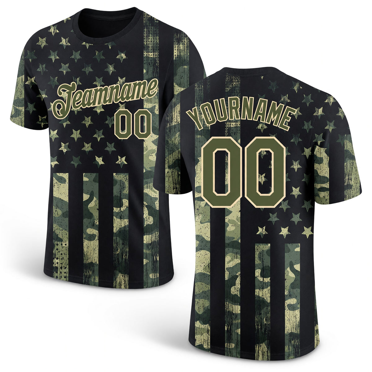 Custom Camo Olive-Cream 3D American Flag Fashion Performance Salute To Service T-Shirt