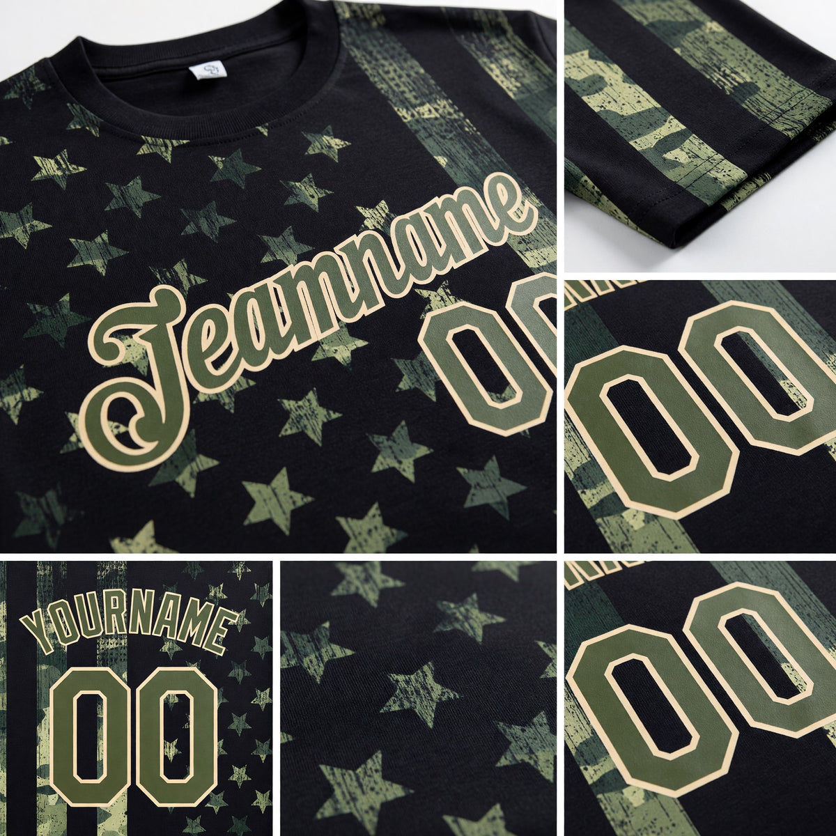 Custom Camo Olive-Cream 3D American Flag Fashion Performance Salute To Service T-Shirt detail