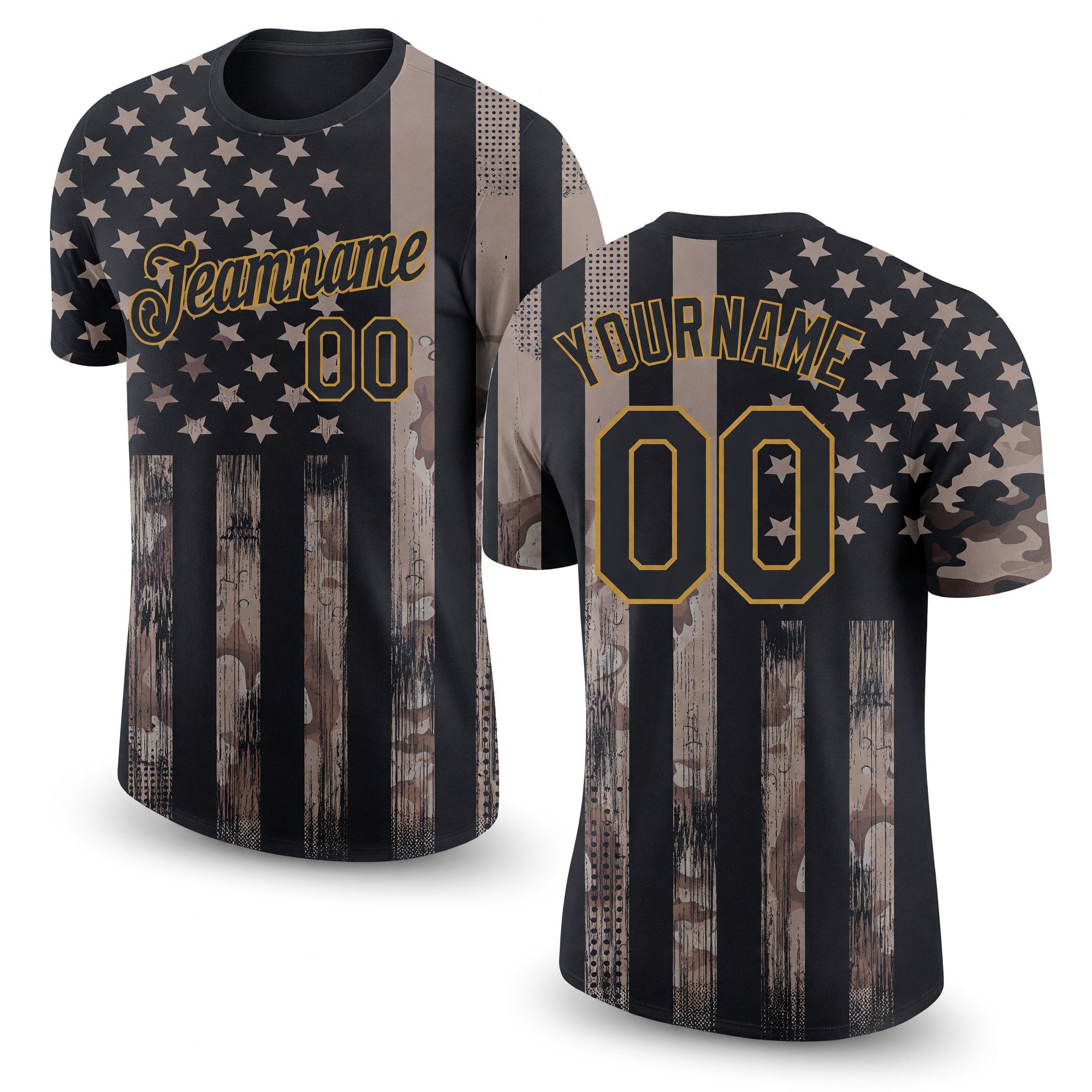 Custom Camo Black-Old Gold 3D American Flag Fashion Performance Salute To Service T-Shirt