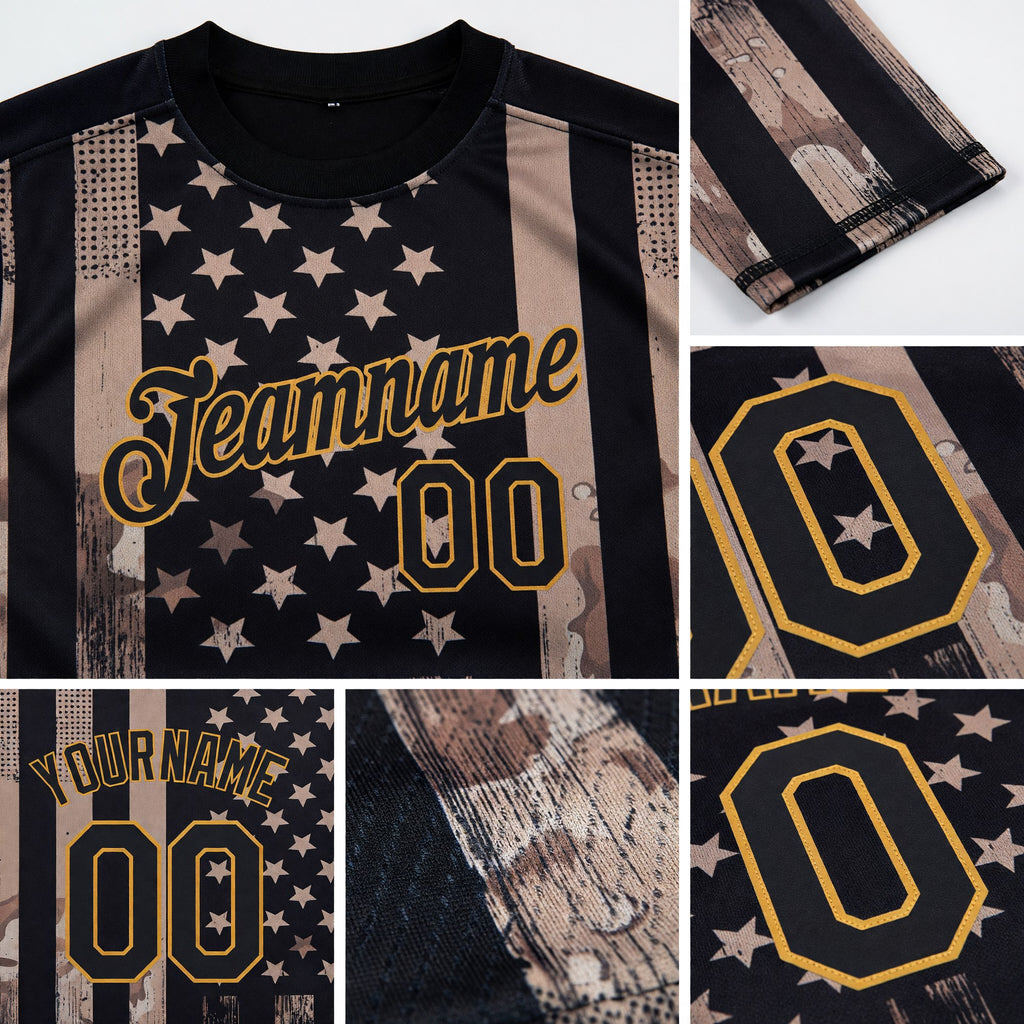 Custom Camo Black-Old Gold 3D American Flag Fashion Performance Salute To Service T-Shirt detail