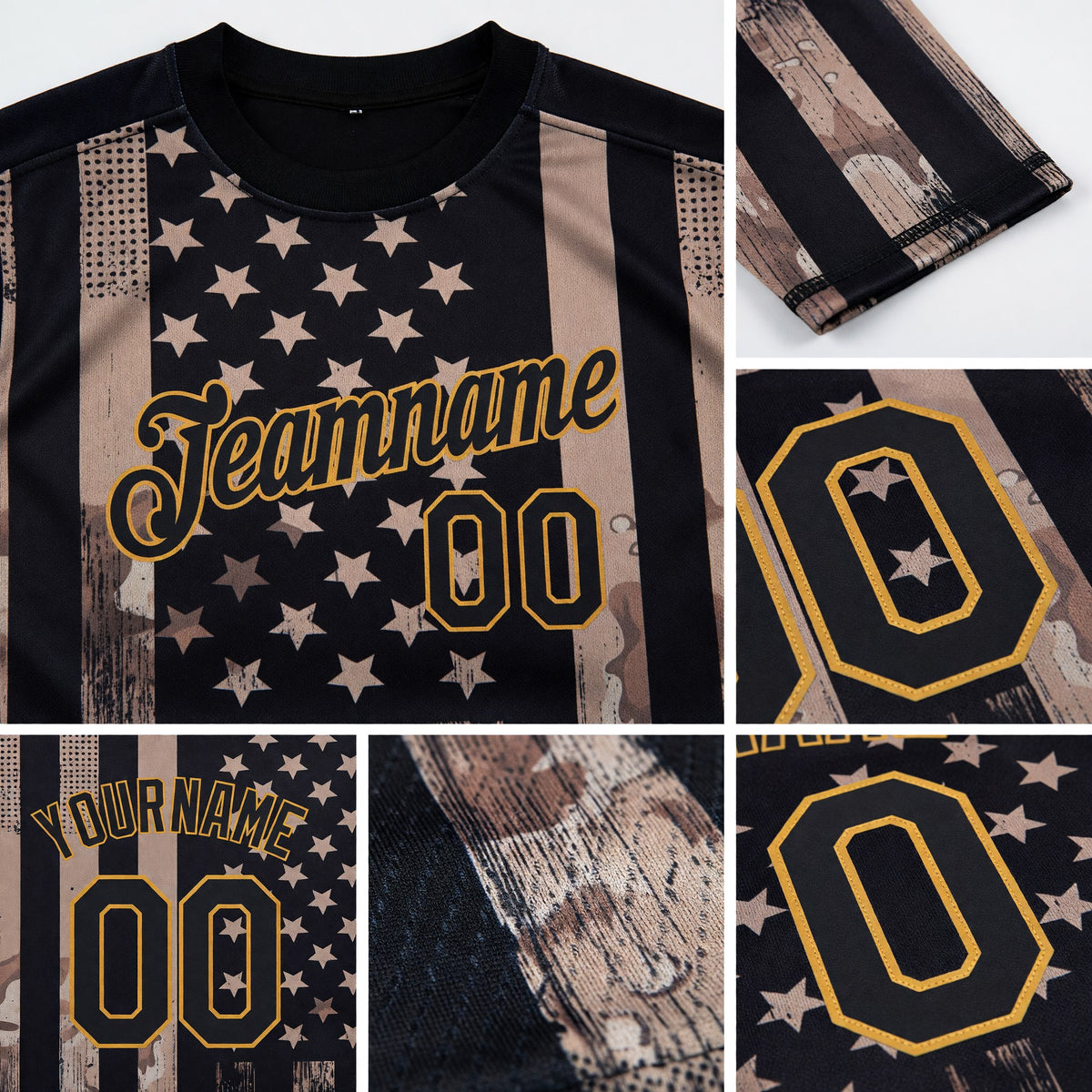 Custom Camo Black-Old Gold 3D American Flag Fashion Performance Salute To Service T-Shirt detail