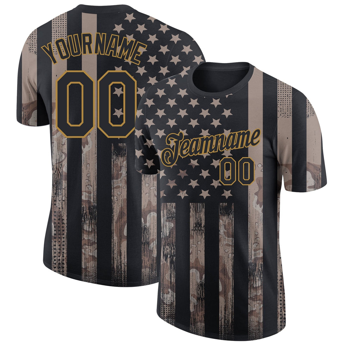 Custom Camo Black-Old Gold 3D American Flag Fashion Performance Salute To Service T-Shirt photo 1