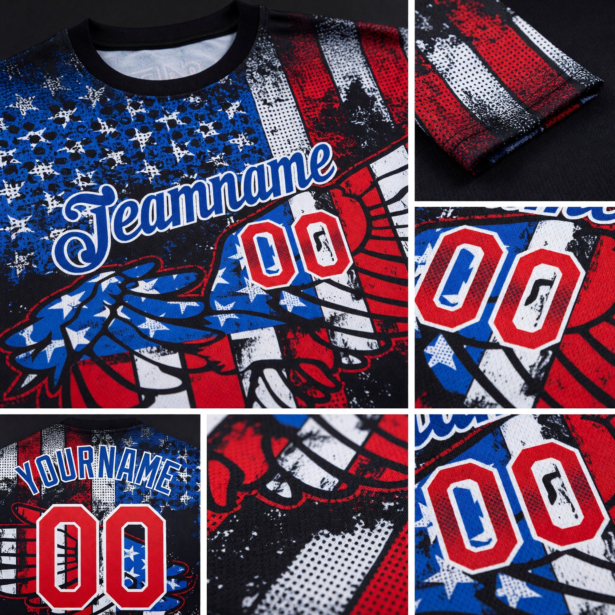 Custom Black Red-White 3D American Flag Fashion Performance T-Shirt detail