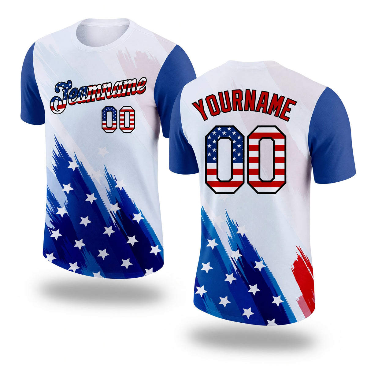 Custom White USA Flag Royal Red-Black 3D American Flag Fashion Performance T-Shirt