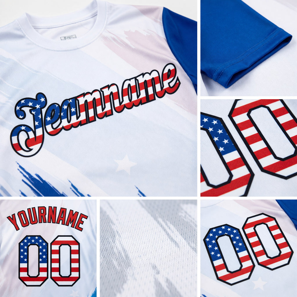 Custom White USA Flag Royal Red-Black 3D American Flag Fashion Performance T-Shirt detail
