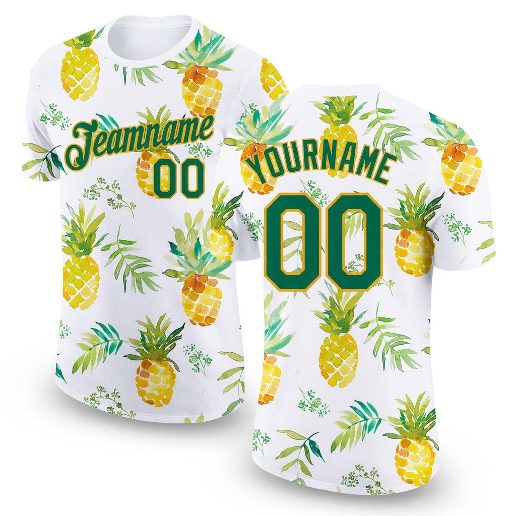 Custom White Kelly Green-Gold 3D Pattern Design Pineapples Performance T-Shirt