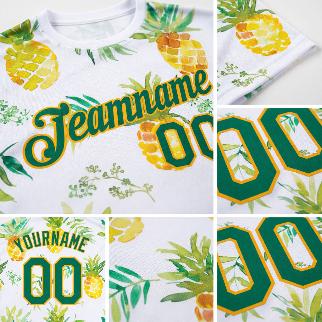 Custom White Kelly Green-Gold 3D Pattern Design Pineapples Performance T-Shirt detail