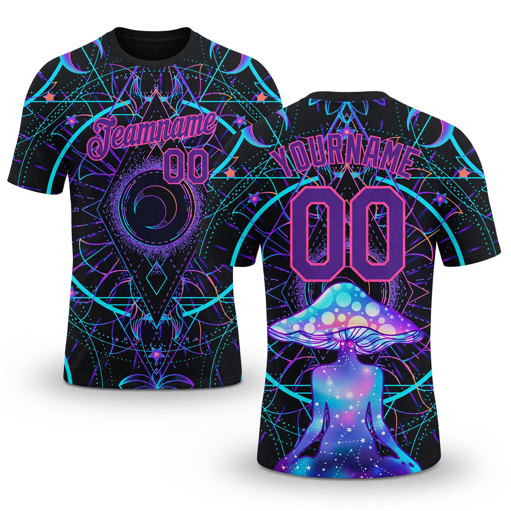 Custom Black Purple-Pink 3D Pattern Design Magic Mushrooms Over Sacred Geometry Psychedelic Hallucination Performance T-Shirt
