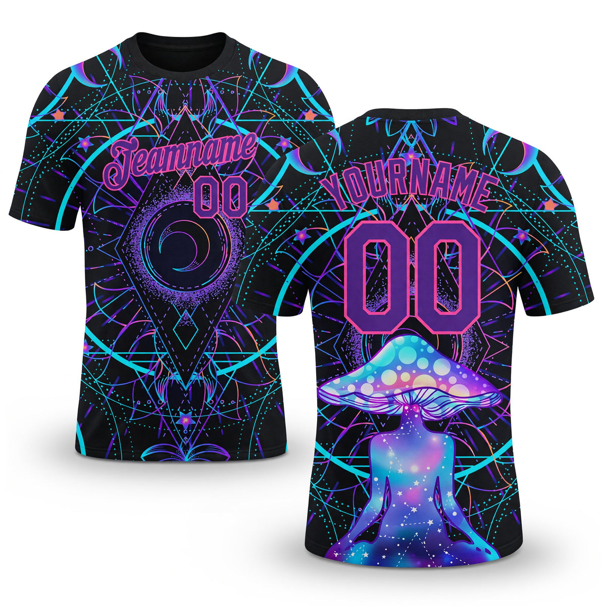 Custom Black Purple-Pink 3D Pattern Design Magic Mushrooms Over Sacred Geometry Psychedelic Hallucination Performance T-Shirt