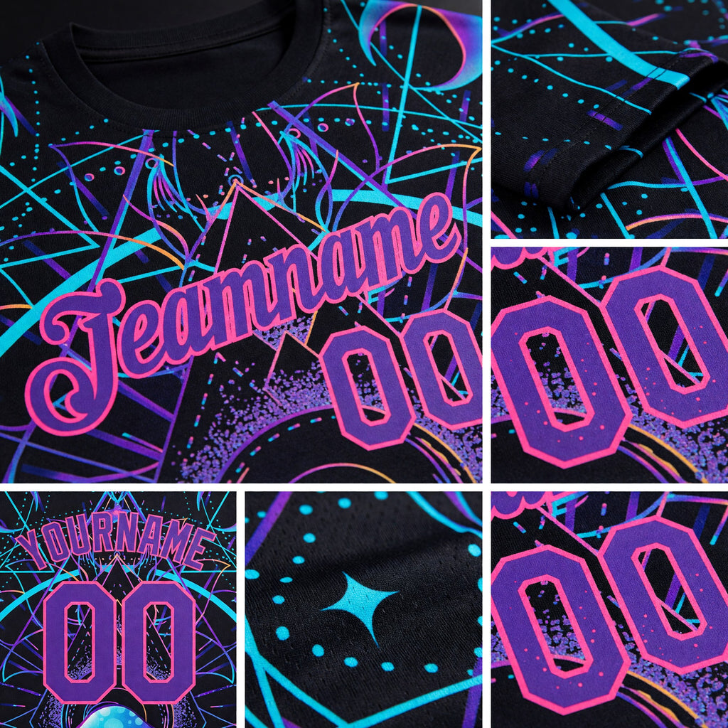 Custom Black Purple-Pink 3D Pattern Design Magic Mushrooms Over Sacred Geometry Psychedelic Hallucination Performance T-Shirt detail