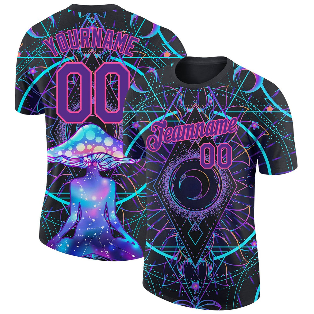 Custom Black Purple-Pink 3D Pattern Design Magic Mushrooms Over Sacred Geometry Psychedelic Hallucination Performance T-Shirt photo 1