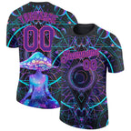 Custom Black Purple-Pink 3D Pattern Design Magic Mushrooms Over Sacred Geometry Psychedelic Hallucination Performance T-Shirt photo 1