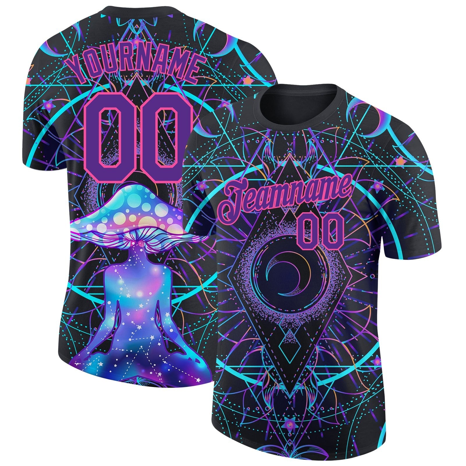 Custom Black Purple-Pink 3D Pattern Design Magic Mushrooms Over Sacred Geometry Psychedelic Hallucination Performance T-Shirt photo 1