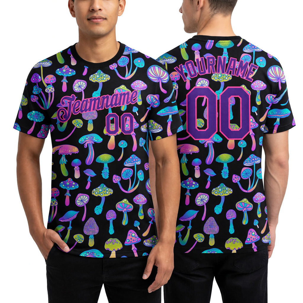 Custom Black Purple-Pink 3D Pattern Design Magic Mushrooms Psychedelic Hallucination Performance T-Shirt worn front and back